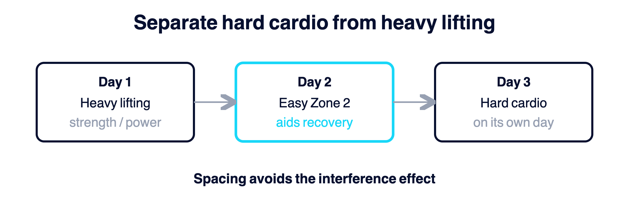 A week showing hard lifting and hard cardio separated onto different days, with easy Zone 2 used the day after lifting for recovery.